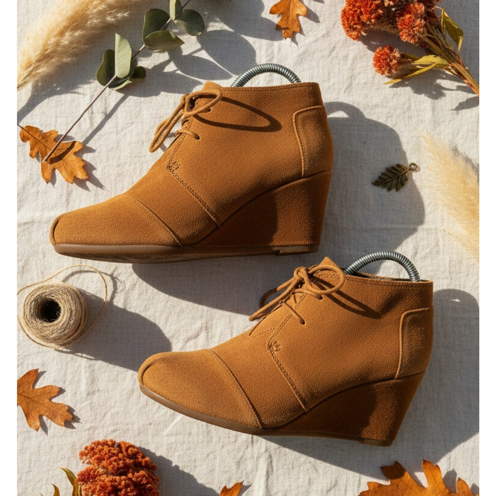 TOMS Desert‎ Wedge Lace-Up Ankle Booties Womens Size 10 Brown Hidden Wedge
